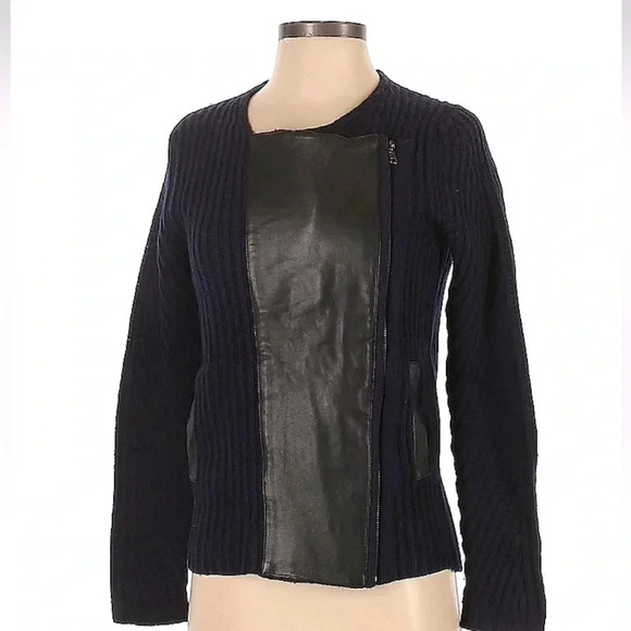 Madewell Dark Navy Ribbed Merino Wool Motorcycle Sweater Leather Trim Size XS - Picture 2 of 5